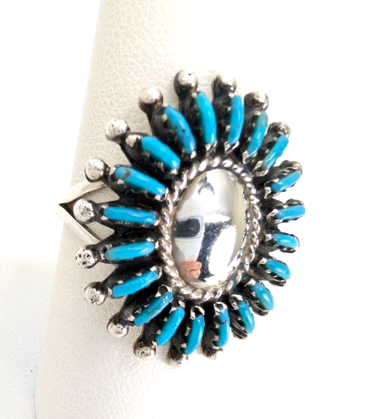 Sterling Silver 925 Ring Turquoise Flower Signed MN R948- WMF1073 - Image 2
