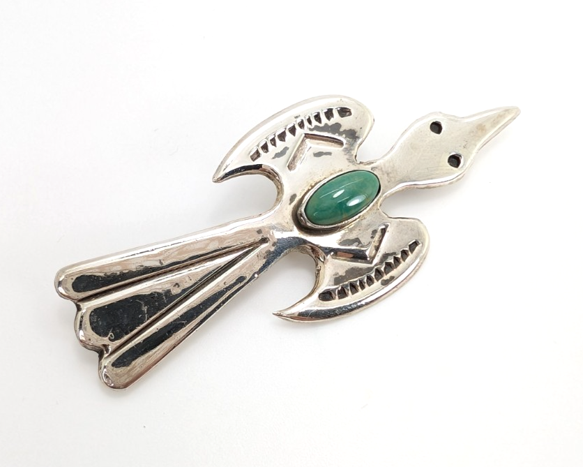Melissa Yazzie Sterling Silver 925 Green Turquoise Flying Bird Pin R373-Fox1132