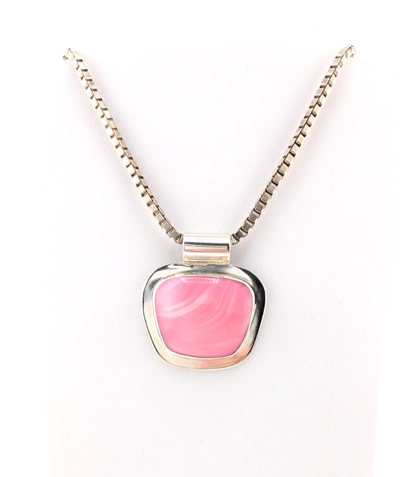 Sterling Silver 925 Lace Agate Pink Vintage Pendant Necklace O1474- FOX687