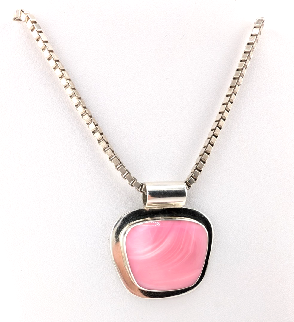 Sterling Silver 925 Lace Agate Pink Vintage Pendant Necklace O1474- FOX687 - Image 3