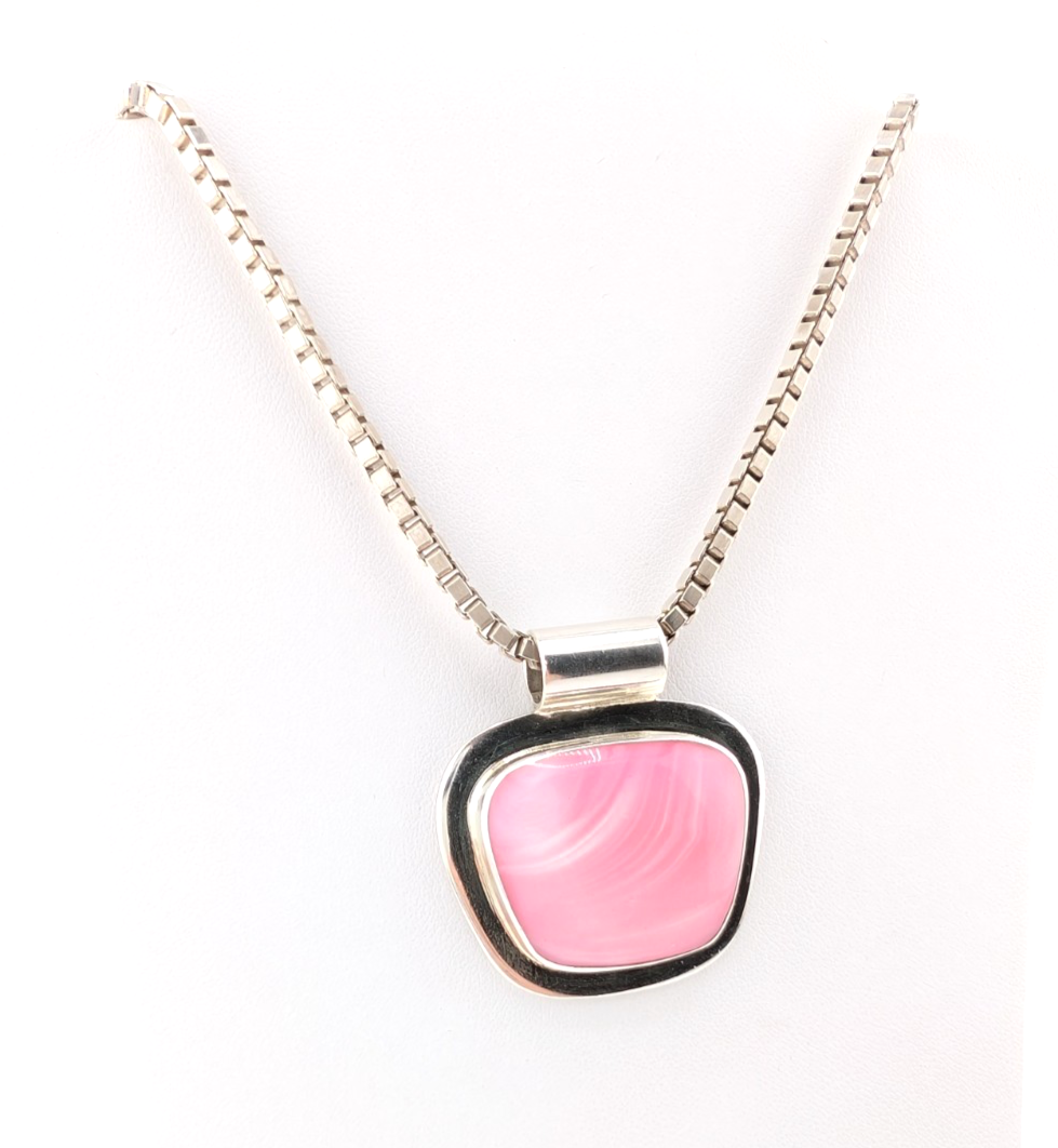 Sterling Silver 925 Lace Agate Pink Vintage Pendant Necklace O1474- FOX687 - Image 5