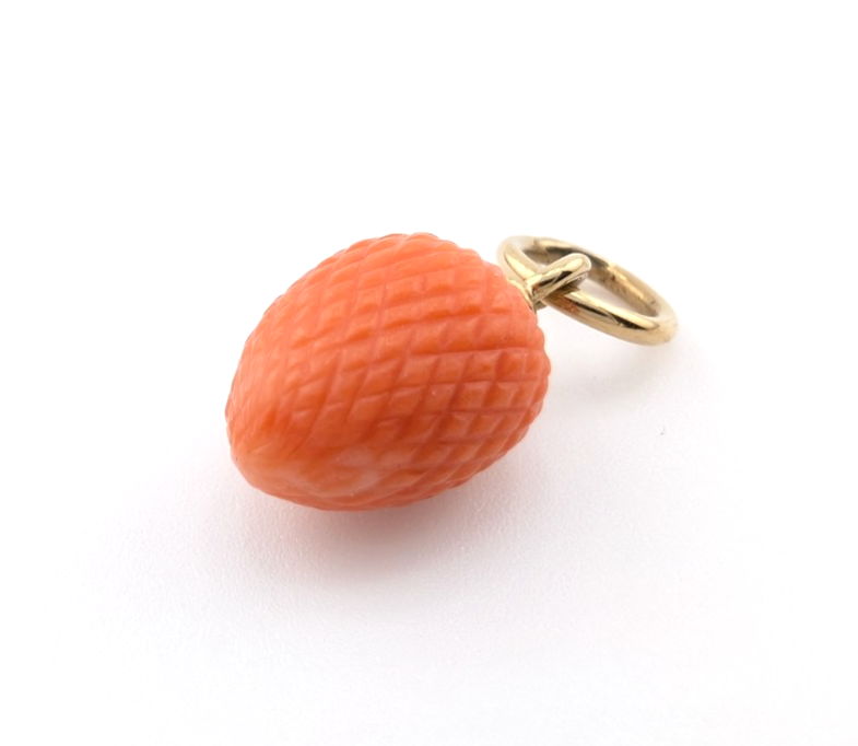 Vintage 14K Yellow Gold Carved Coral Strawberry Pendant Oak737 - Image 3