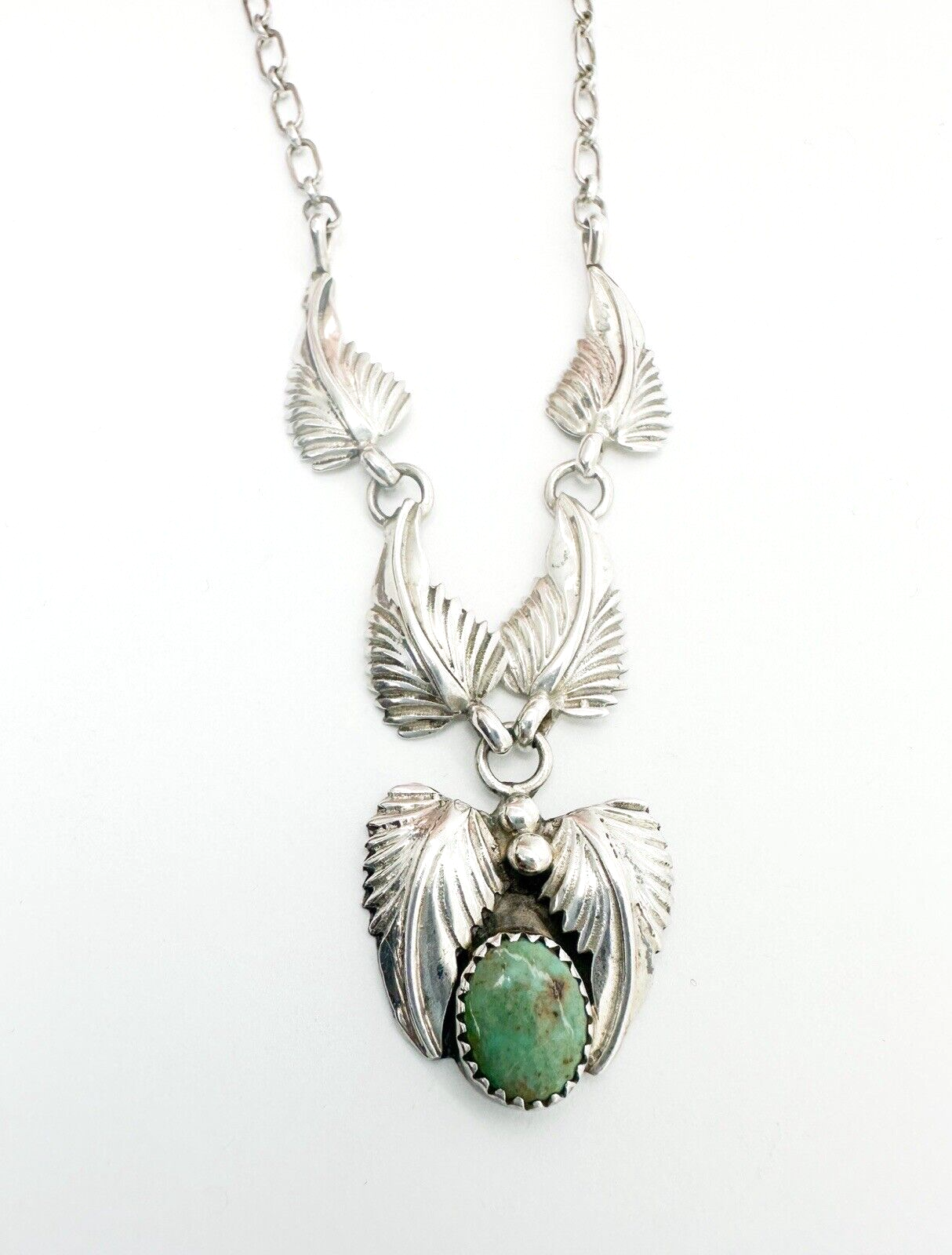 Native American Sterling Silver 925 Turquoise Leaf Necklace Signed IC O602 - Image 2
