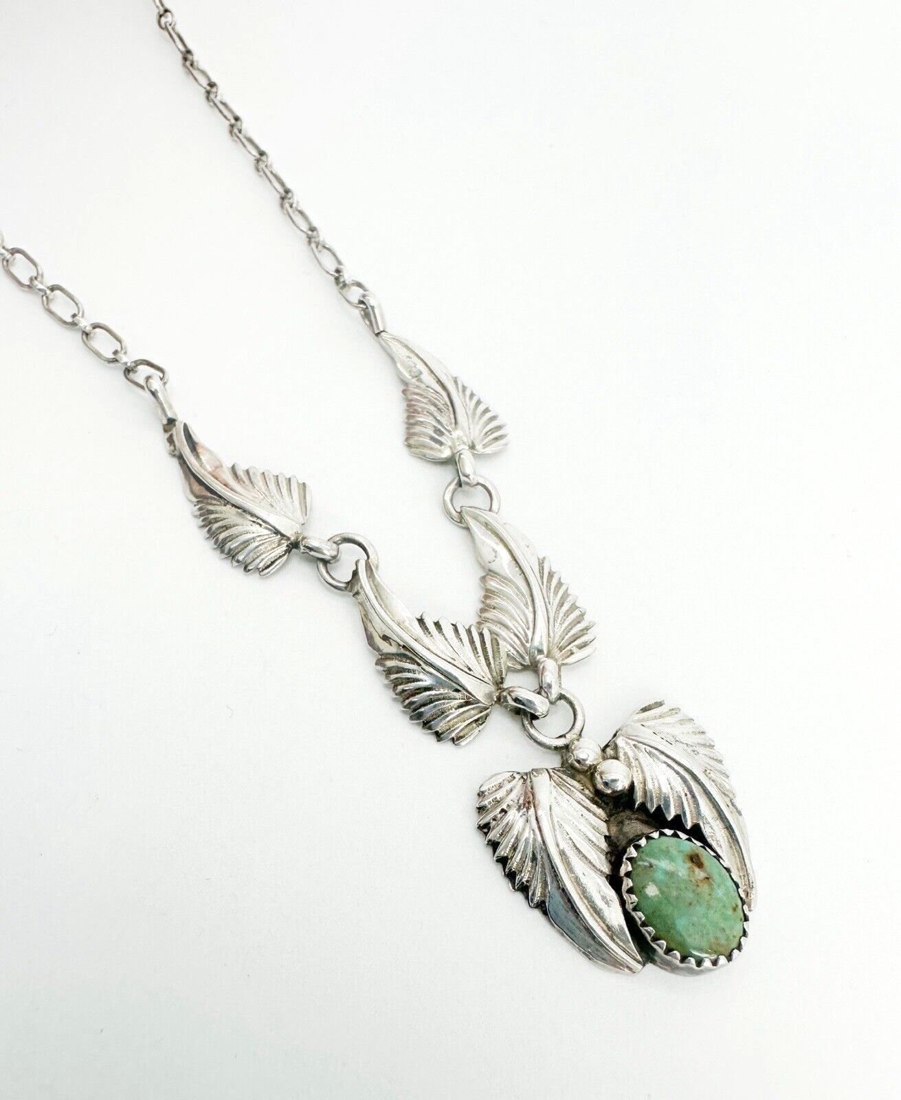 Native American Sterling Silver 925 Turquoise Leaf Necklace Signed IC O602 - Image 3