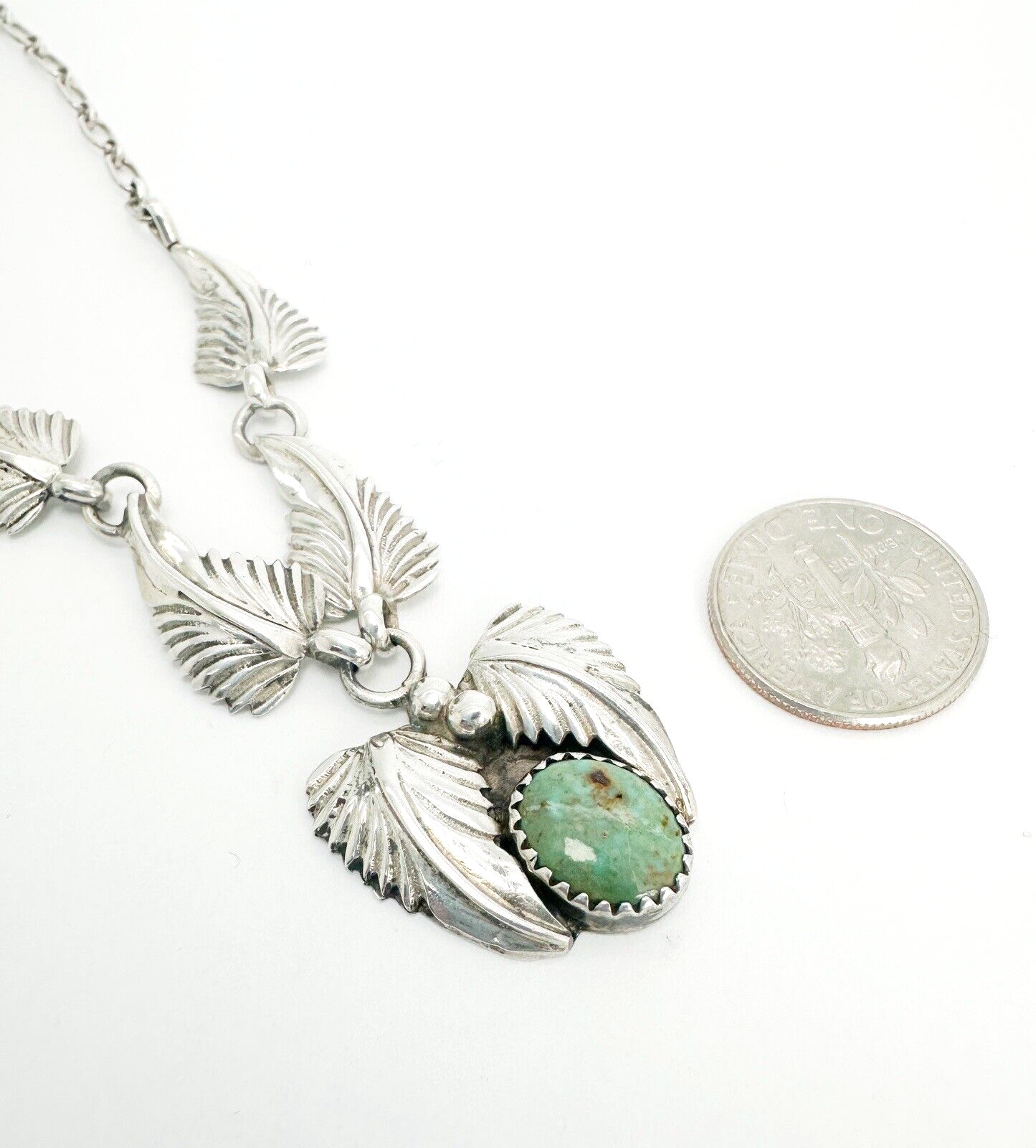 Native American Sterling Silver 925 Turquoise Leaf Necklace Signed IC O602 - Image 4