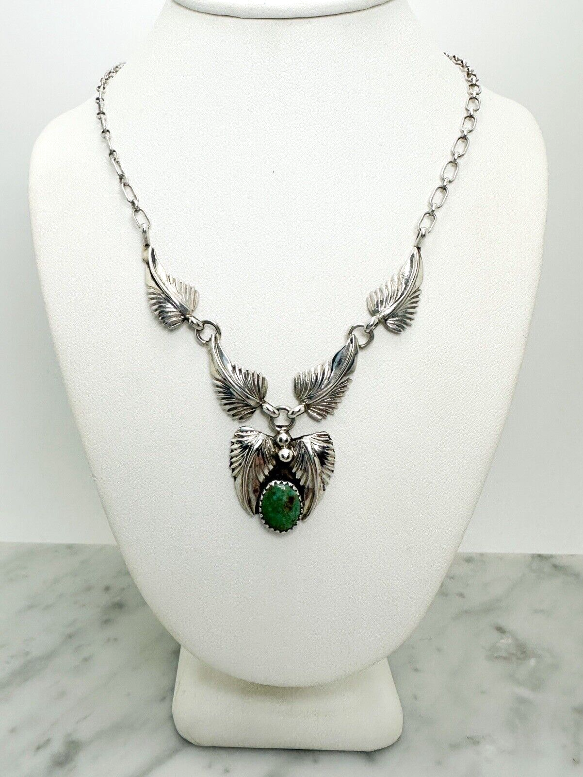 Native American Sterling Silver 925 Turquoise Leaf Necklace Signed IC O602 - Image 5