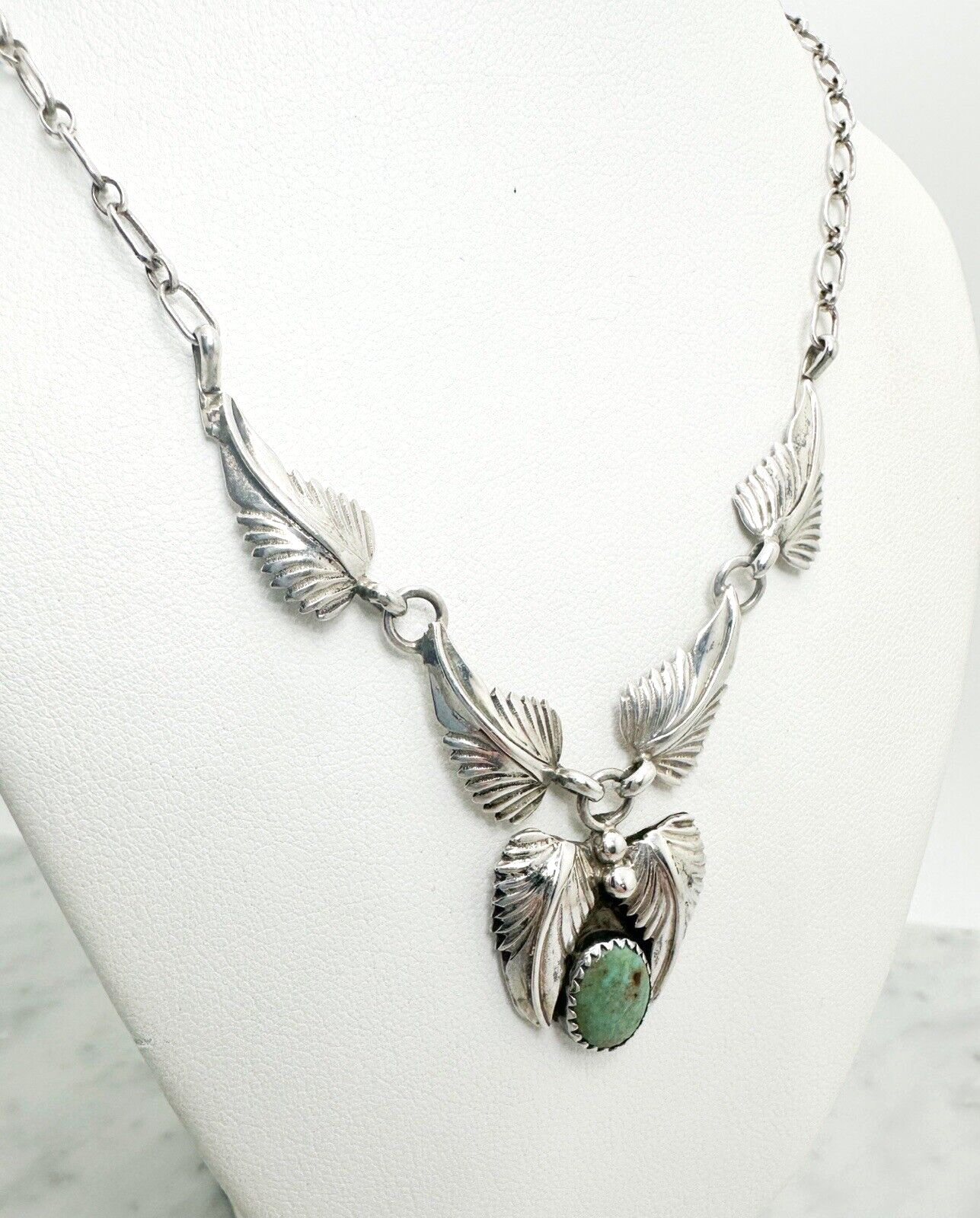 Native American Sterling Silver 925 Turquoise Leaf Necklace Signed IC O602 - Image 6