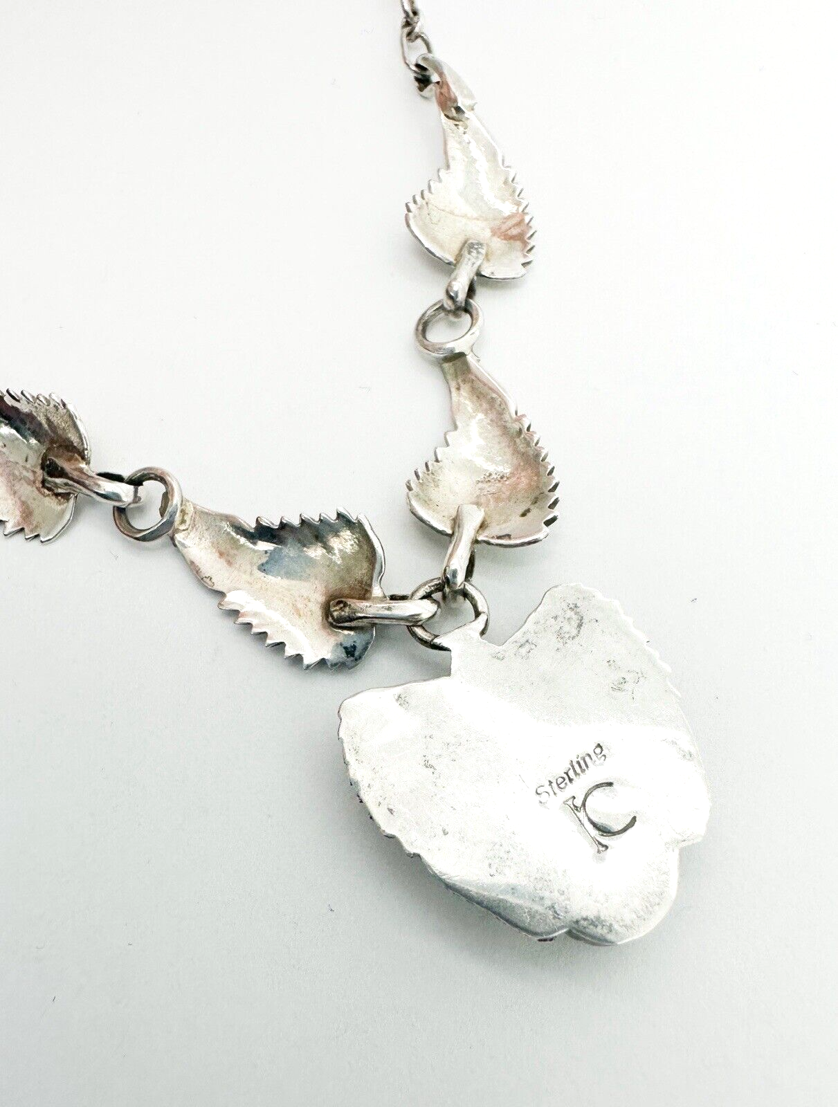 Native American Sterling Silver 925 Turquoise Leaf Necklace Signed IC O602 - Image 9