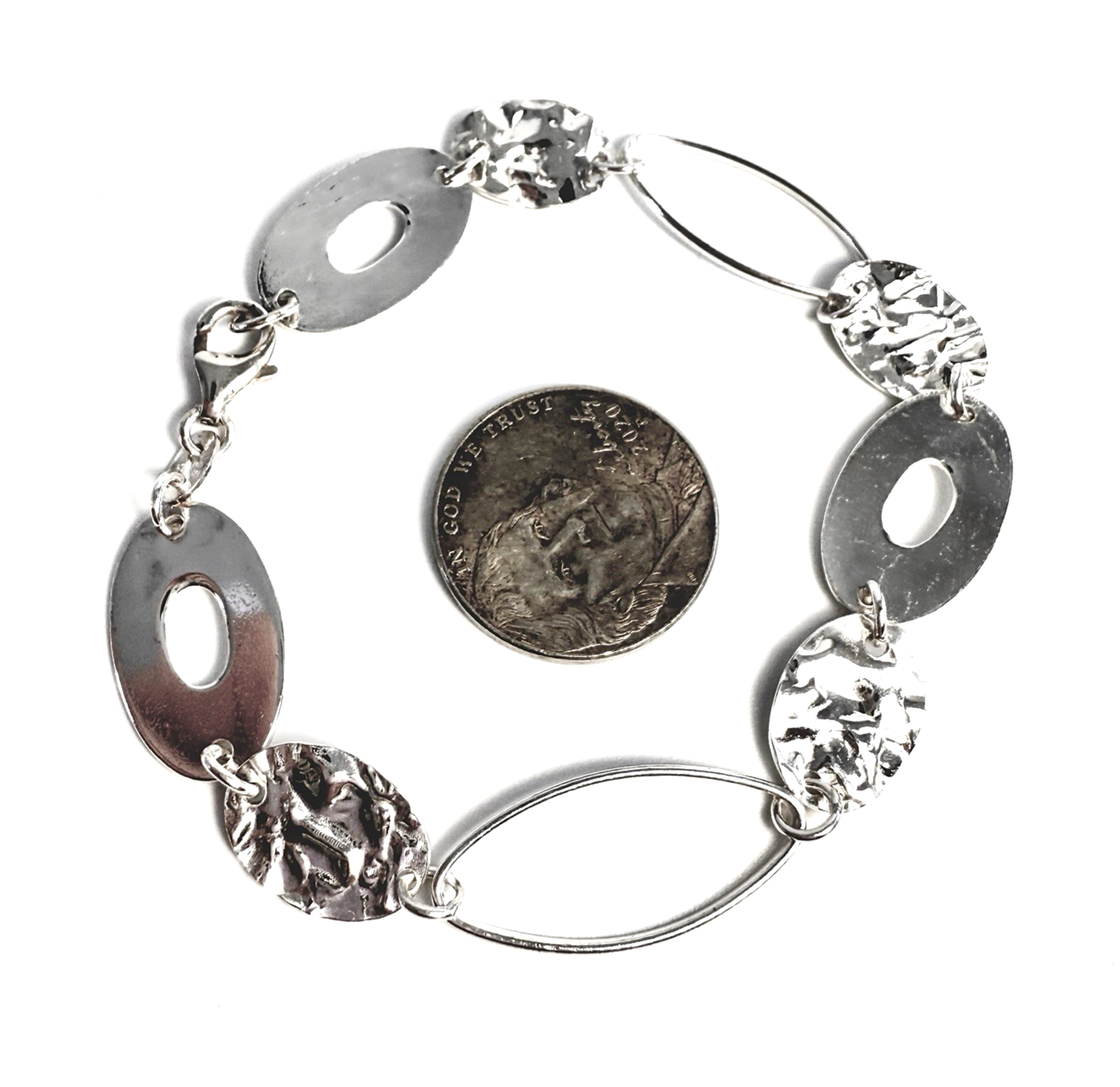 Sterling Silver 925 7.5 Bracelet Hammered, Open Oval link R430- FOX1268 - Image 9