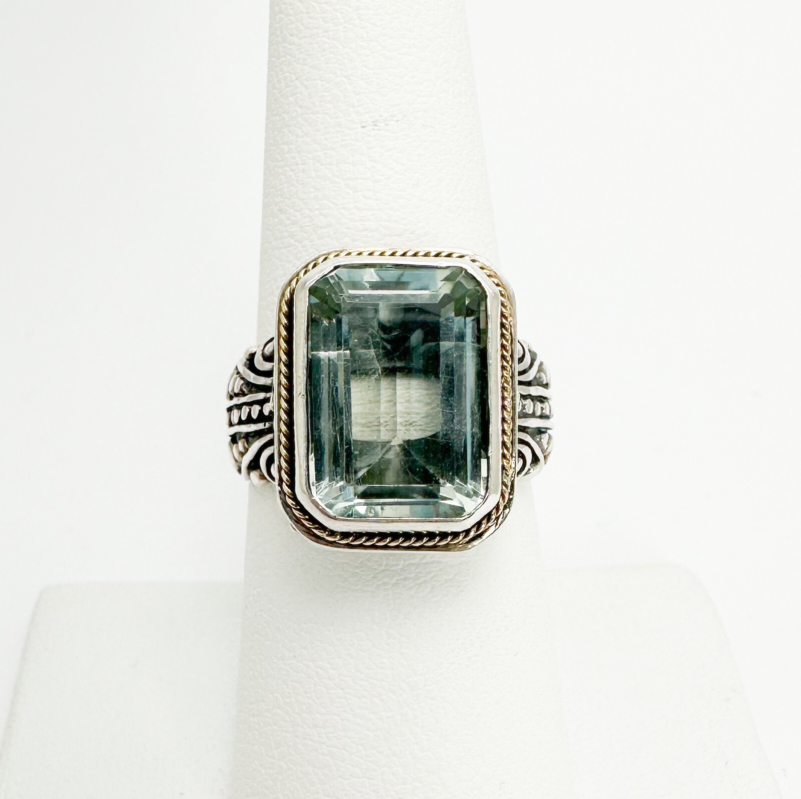 Sterling Silver 925 Green Prasiolite Emerald Cut 18K Halo Bali Style Ring 10400 - Image 5