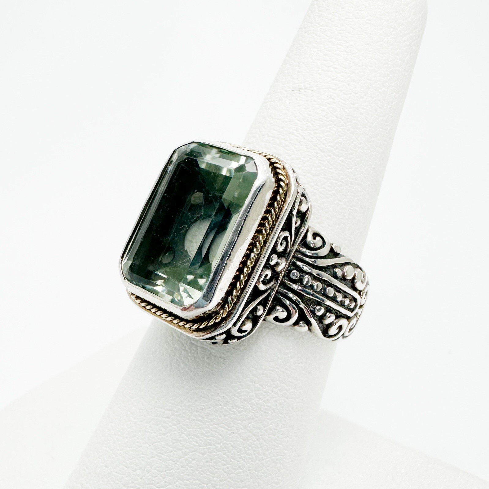 Sterling Silver 925 Green Prasiolite Emerald Cut 18K Halo Bali Style Ring 10400 - Image 6