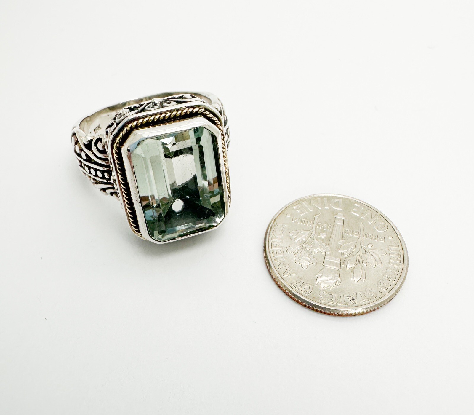 Sterling Silver 925 Green Prasiolite Emerald Cut 18K Halo Bali Style Ring 10400 - Image 9