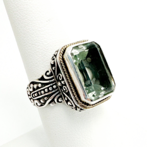 Sterling Silver 925 Green Prasiolite Emerald Cut 18K Halo Bali Style Ring 10400
