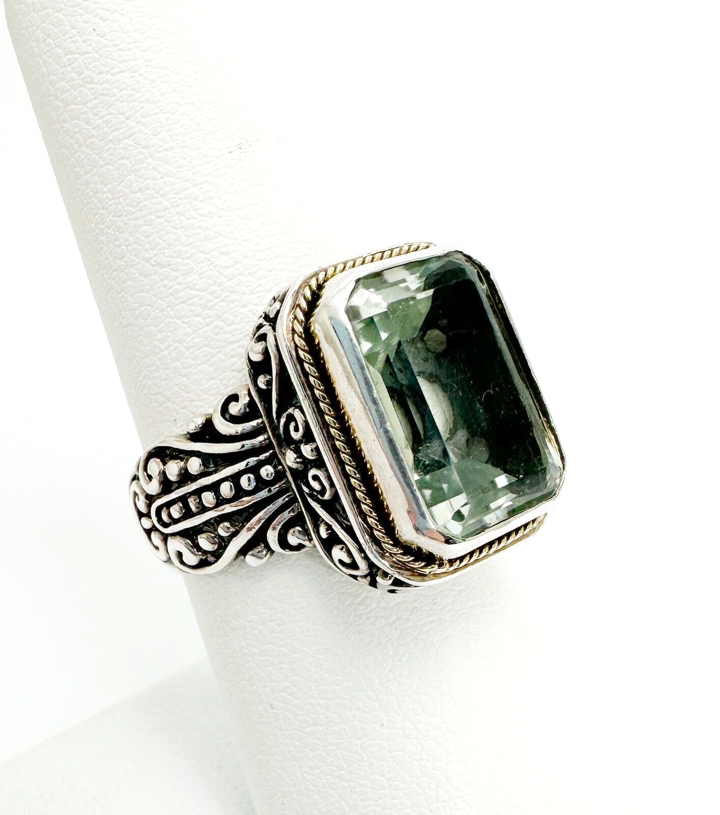 Sterling Silver 925 Green Prasiolite Emerald Cut 18K Halo Bali Style Ring 10400