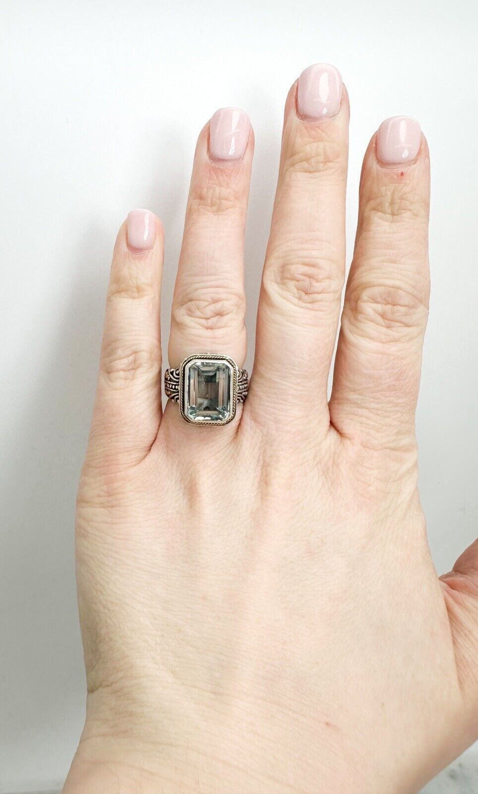 Sterling Silver 925 Green Prasiolite Emerald Cut 18K Halo Bali Style Ring 10400 - Image 10