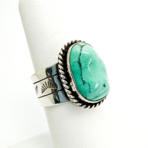 BJ Sterling Silver 925 Turquoise Nugget  Wide Stamped Band Ring 10321