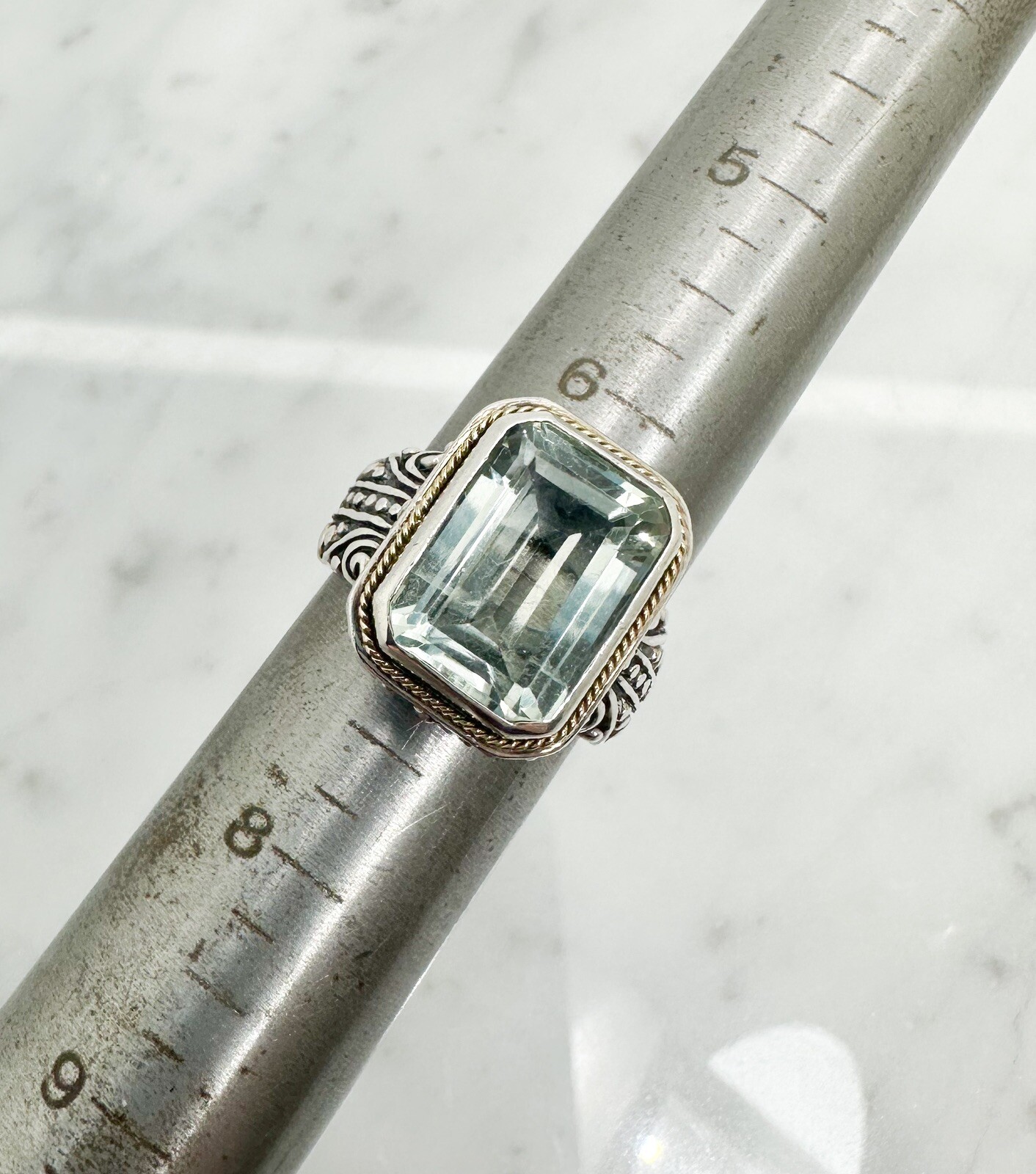 Sterling Silver 925 Green Prasiolite Emerald Cut 18K Halo Bali Style Ring 10400 - Image 11