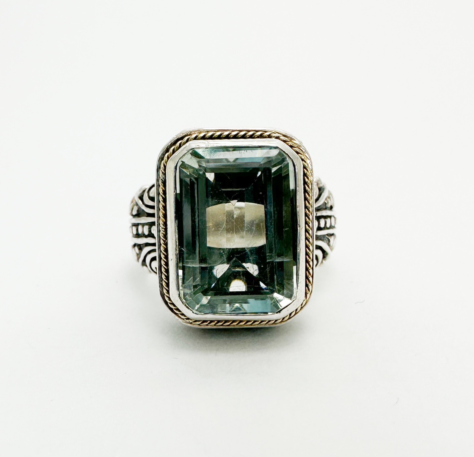 Sterling Silver 925 Green Prasiolite Emerald Cut 18K Halo Bali Style Ring 10400 - Image 2