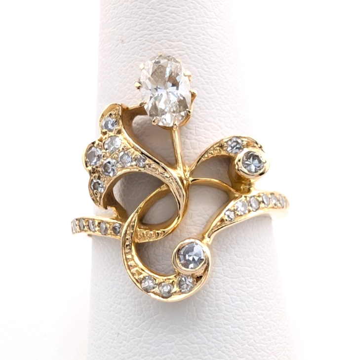 14K Yellow Gold Vintage Edwardian Cocktail 3/4ctw Diamond Ring OAK864 - Image 2