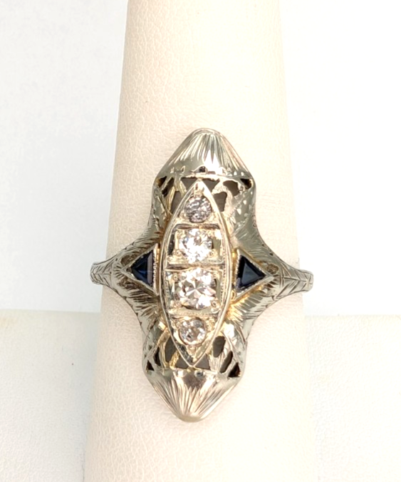 Vintage 14K White Gold .25ctw Diamond & Sapphire Ring P1008-Oak396
