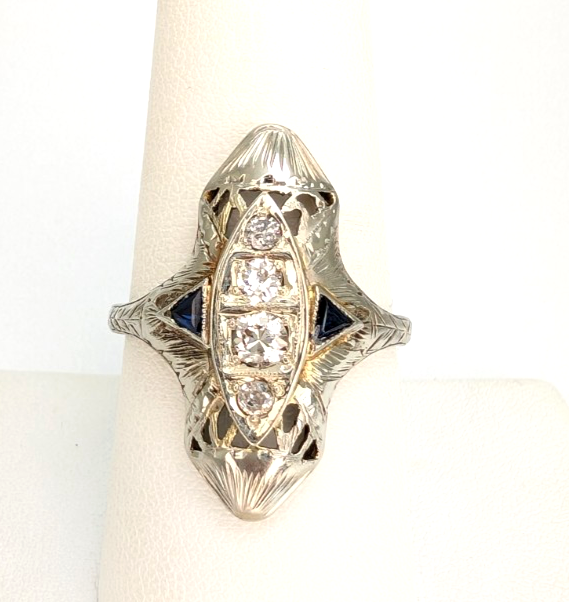 Vintage 14K White Gold .25ctw Diamond & Sapphire Ring P1008-Oak396 - Image 2