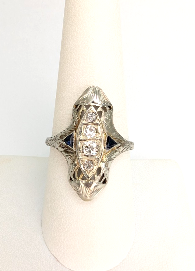 Vintage 14K White Gold .25ctw Diamond & Sapphire Ring P1008-Oak396 - Image 5