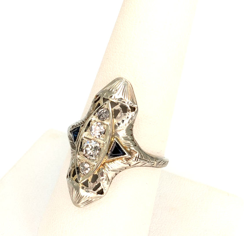 Vintage 14K White Gold .25ctw Diamond & Sapphire Ring P1008-Oak396 - Image 6