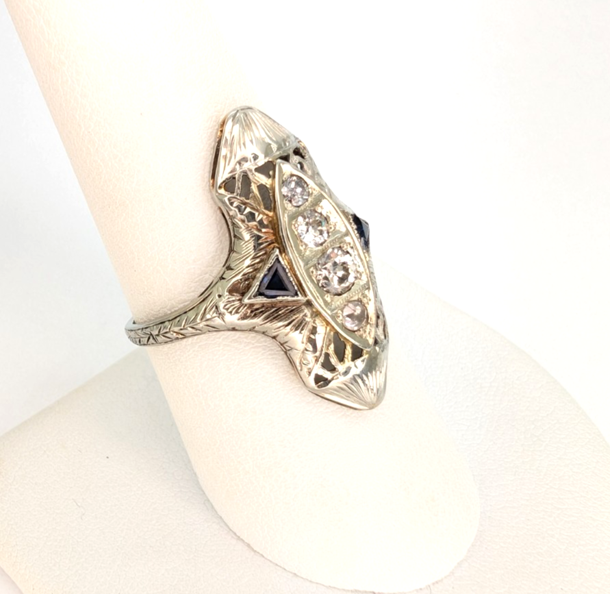 Vintage 14K White Gold .25ctw Diamond & Sapphire Ring P1008-Oak396 - Image 7