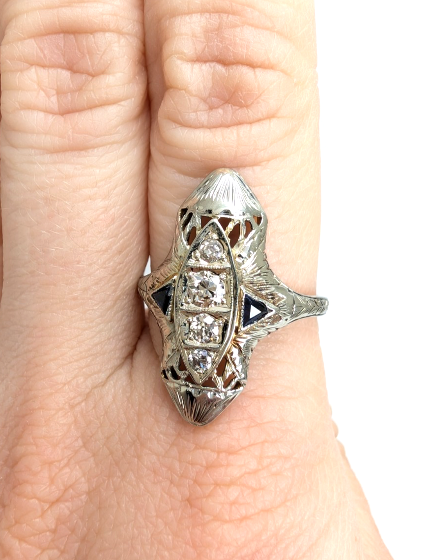 Vintage 14K White Gold .25ctw Diamond & Sapphire Ring P1008-Oak396 - Image 8