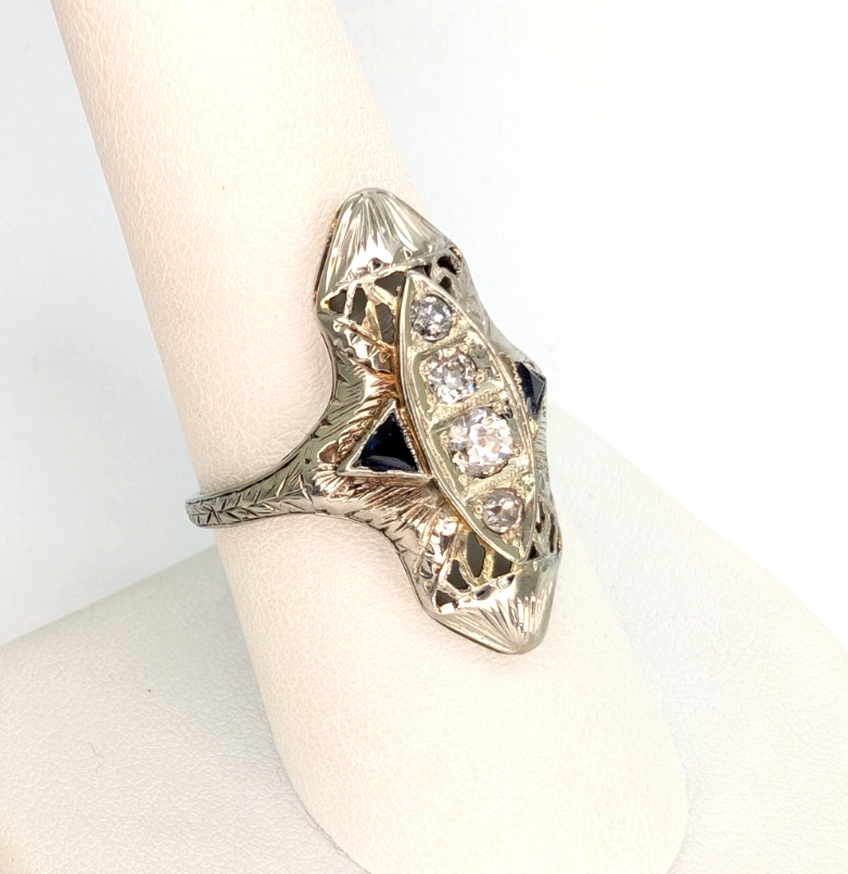 Vintage 14K White Gold .25ctw Diamond & Sapphire Ring P1008-Oak396 - Image 9
