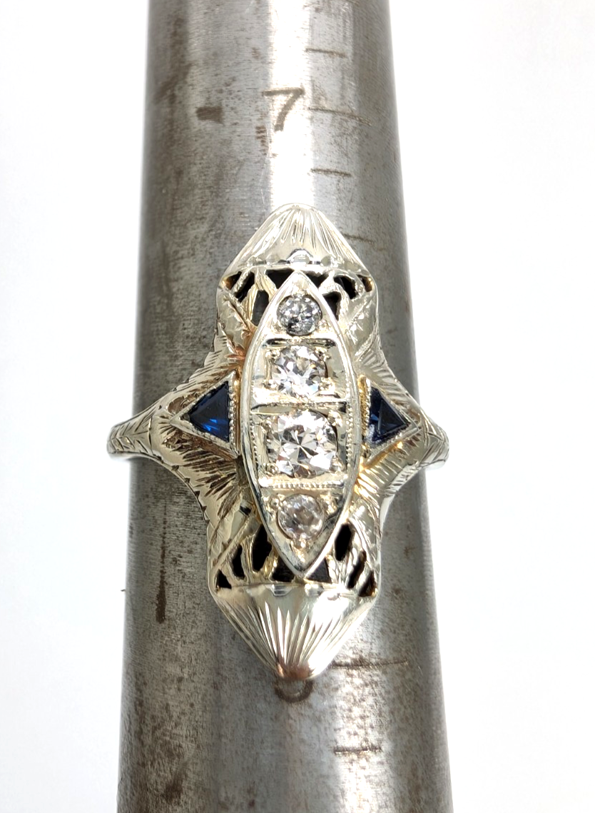 Vintage 14K White Gold .25ctw Diamond & Sapphire Ring P1008-Oak396 - Image 10