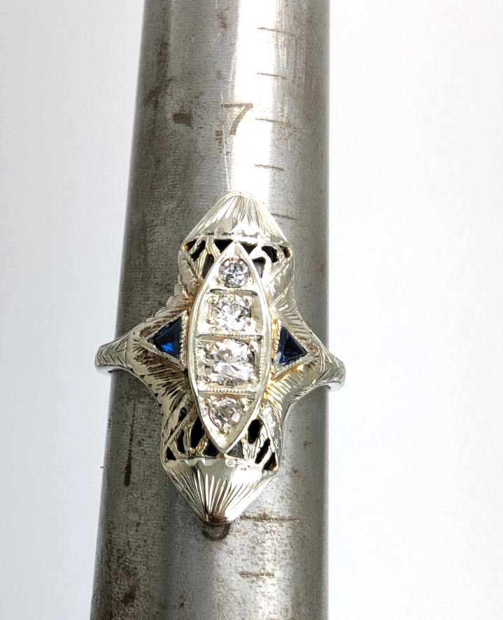 Vintage 14K White Gold .25ctw Diamond & Sapphire Ring P1008-Oak396 - Image 11