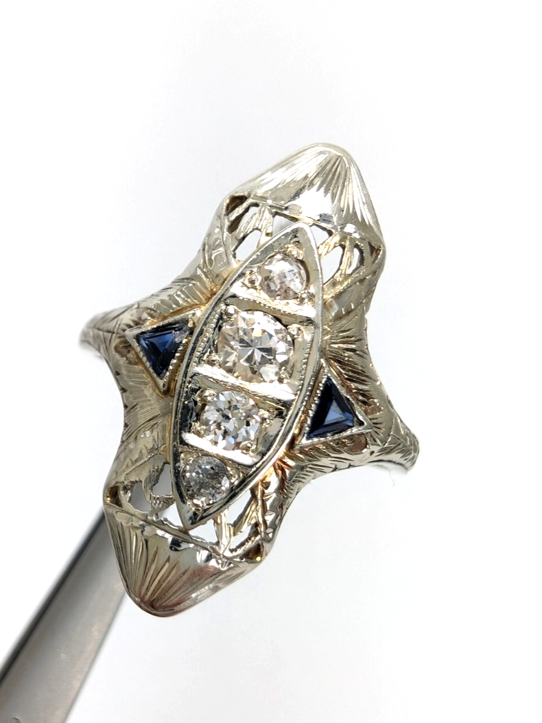 Vintage 14K White Gold .25ctw Diamond & Sapphire Ring P1008-Oak396 - Image 12