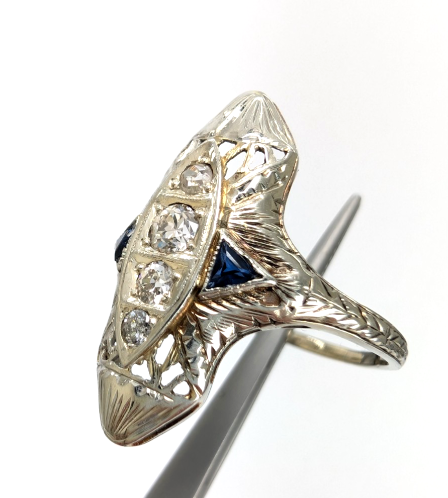 Vintage 14K White Gold .25ctw Diamond & Sapphire Ring P1008-Oak396 - Image 13